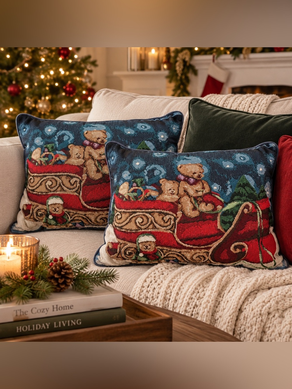 Vintage Style Christmas Tapestry Pillows Set of 2 Teddy Bear Sleigh